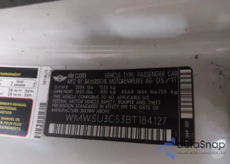 2011 Mini Cooper z USA, uszkodzony, nr VIN WMWSU3C53BT184127